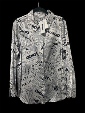 DKNY Black & White Newspaper Print Button-Up Blouse